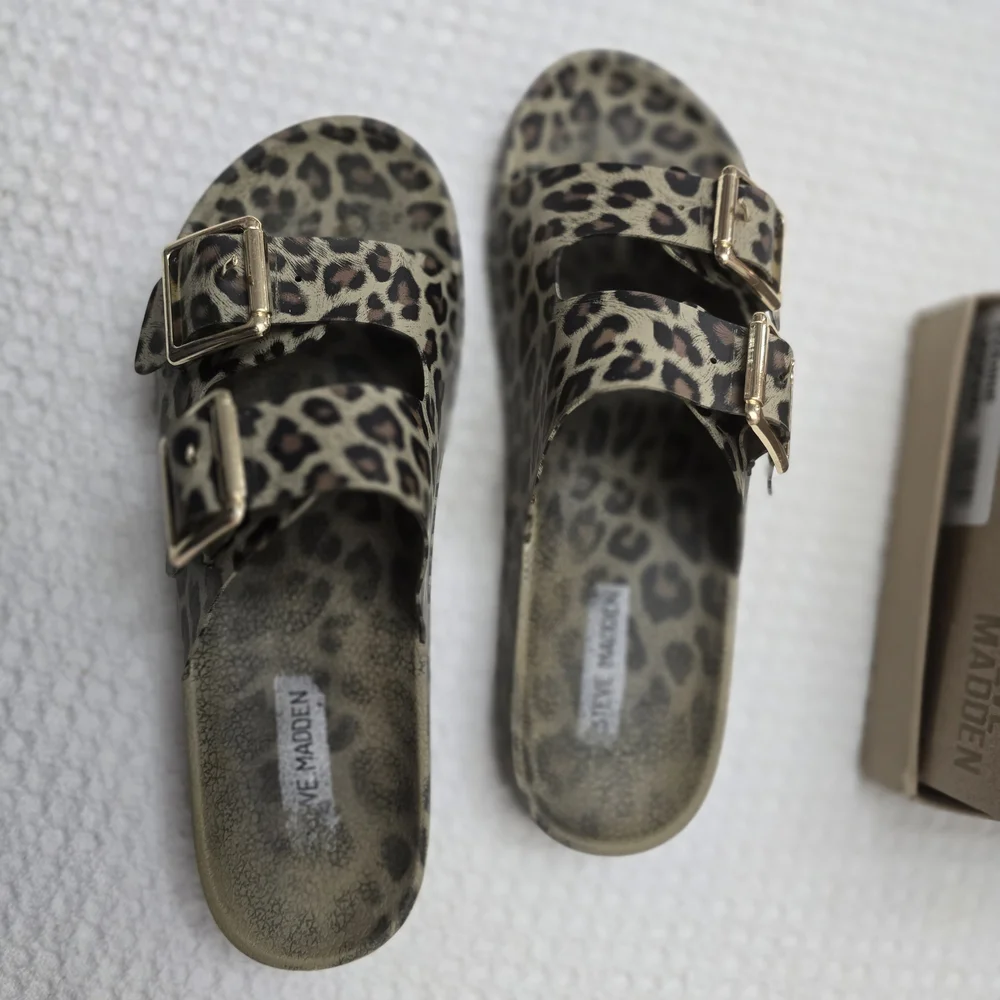 Steve Madden Leopard Print Double Buckle Slide Sandals - Gold Buckles